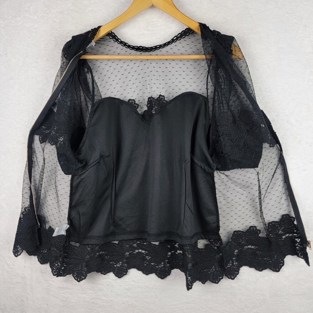 Goth Large Women Crop Top Knit Black Lace Overlay Bustier Short Sleeve Grunge - Picture 11 of 14